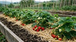 Piante di fragola in aiuola rialzata con pacciamatura di paglia, fiori e frutti in maturazione