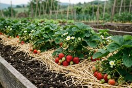 Piante di fragola in aiuola rialzata con pacciamatura di paglia, fiori e frutti in maturazione