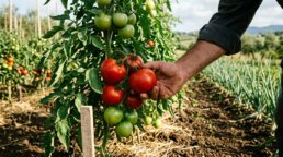 Pomodori sodi e maturi su una pianta in pieno campo, con una fila di cipolle accanto