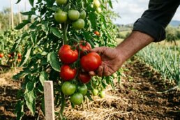 Pomodori sodi e maturi su una pianta in pieno campo, con una fila di cipolle accanto