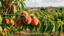 Pesche mature su un ramo di pesco, una con un piccolo foro da insetto