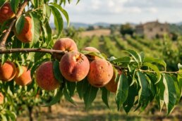 Pesche mature su un ramo di pesco, una con un piccolo foro da insetto